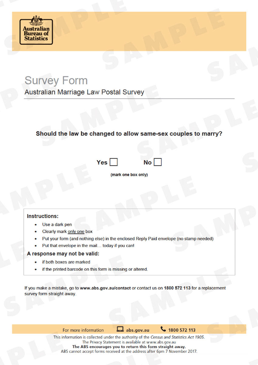 Survey form from the Australian Bureau of Statistics. Near the top is the question ‘Should the law be changed to allow same-sex couples to marry?’ and two boxes – yes and no. - click to view larger image