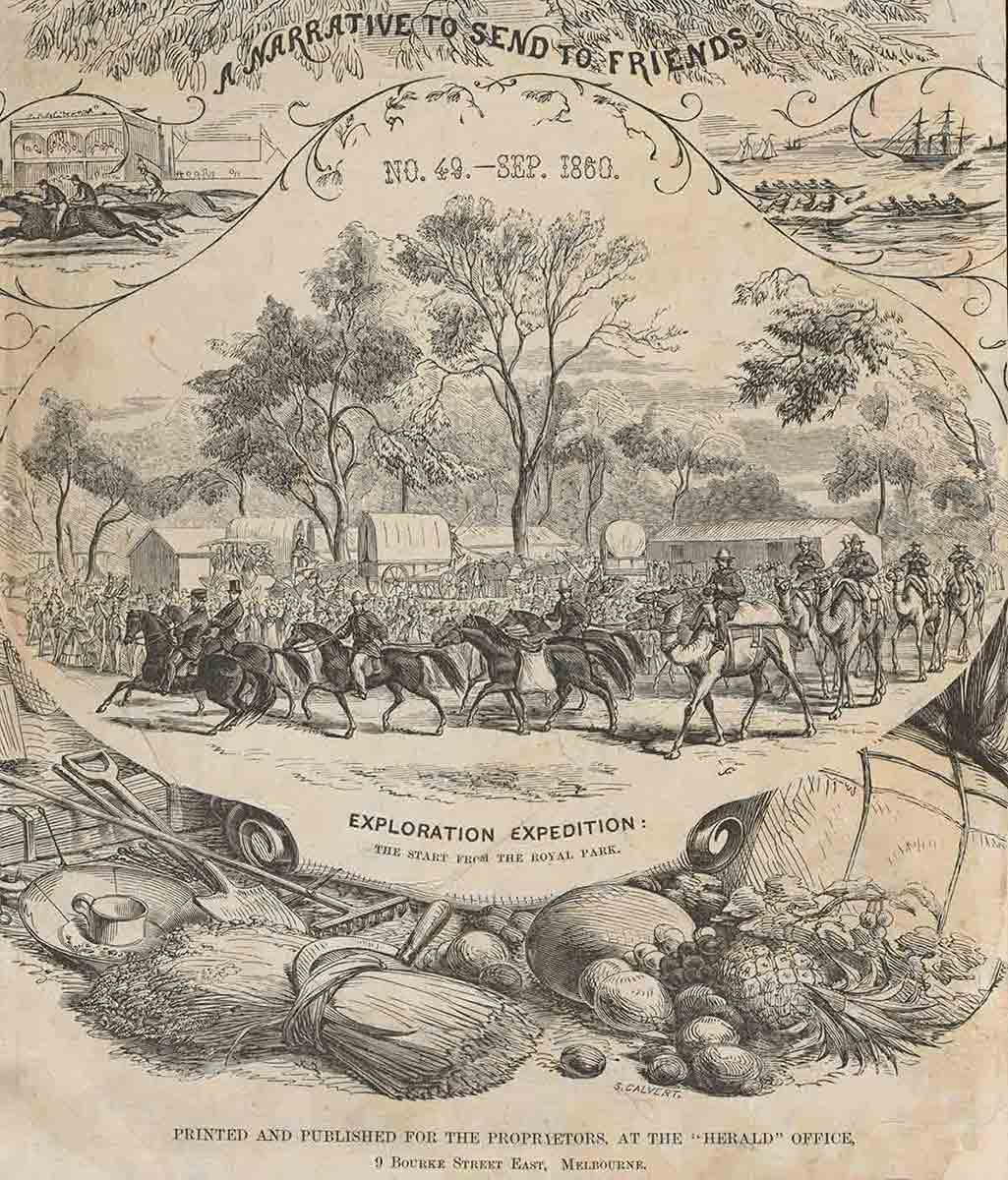 commemorative wood engraving showing the men, horses and camels of the expedition. Title reads 'Exploration expedition: the start from the Royal park' - click to view larger image