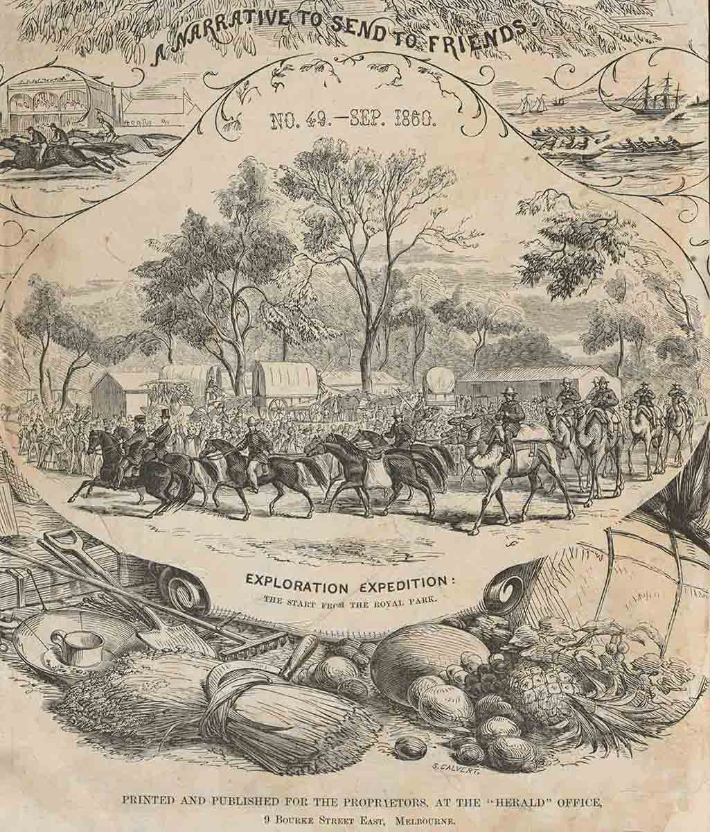 Commemorative wood engraving showing the men, horses and camels of the expedition. Title reads 'Exploration expedition: the start from the Royal park'. - click to view larger image