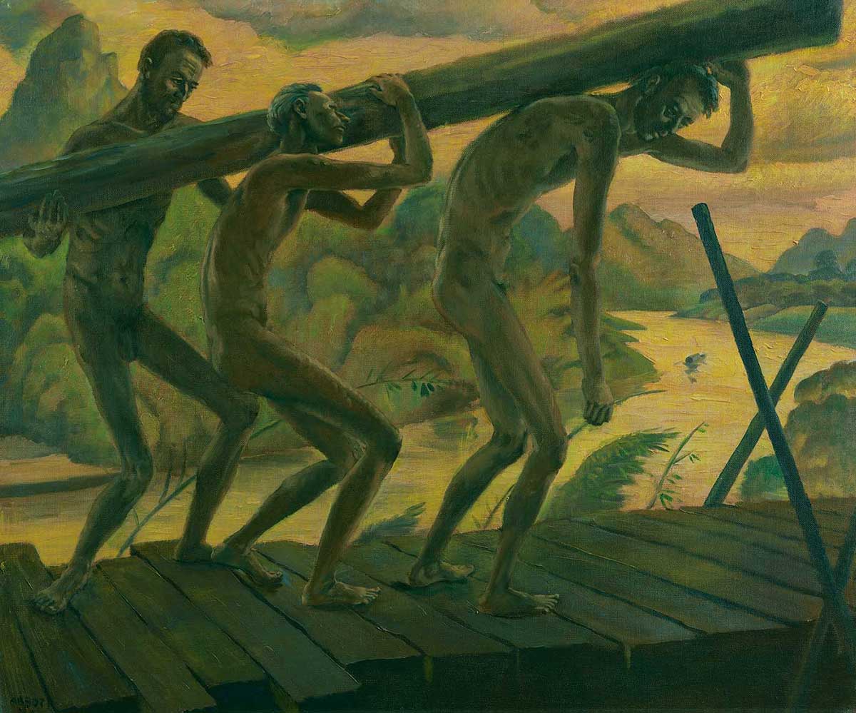 Painting of three starved prisoners of war building the Burma-Thailand Railway.