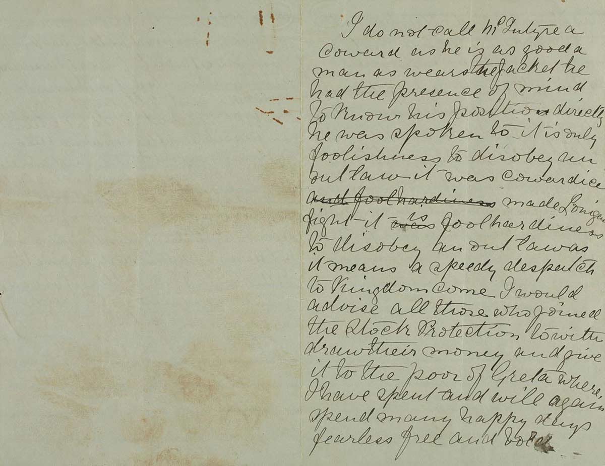 Page thirty seven and thirty eight of Ned Kelly's Jerilderie letter. - click to view larger image