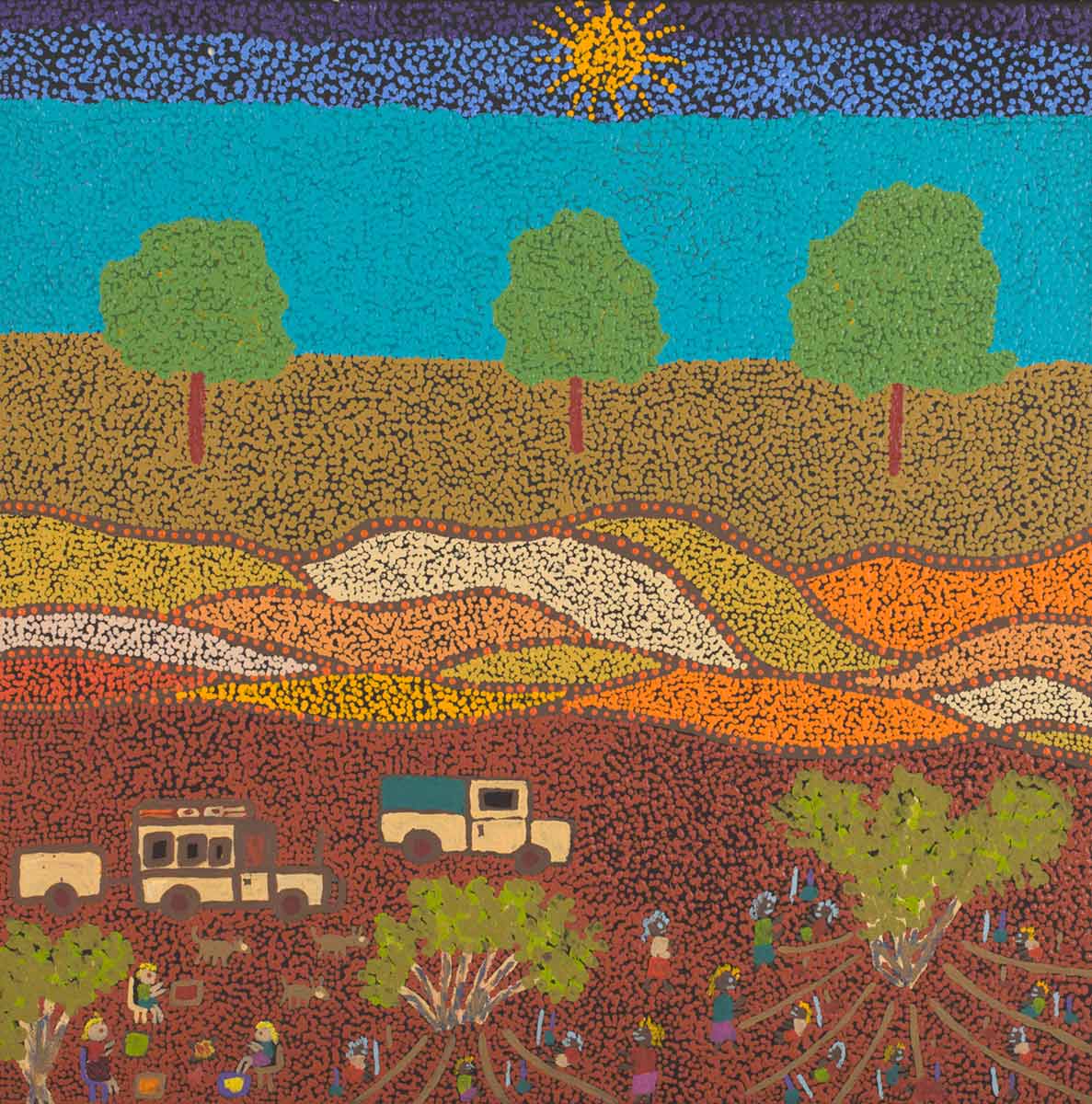 An acrylic painting on canvas showing a landscape with a sun and three trees above a scene of two vehicles and groups of people. - click to view larger image