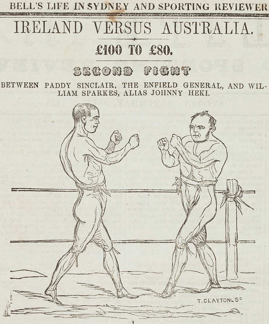 Newspaper clipping of two men fighting from the Bells Life in Sydney and Sporting Reviewer. - click to view larger image