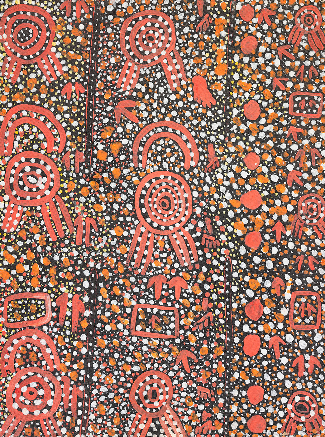 Mala and the Bad Uncles at Tjikarri (II) 1974 by Johnny Warangkula Tjupurrula. - click to view larger image