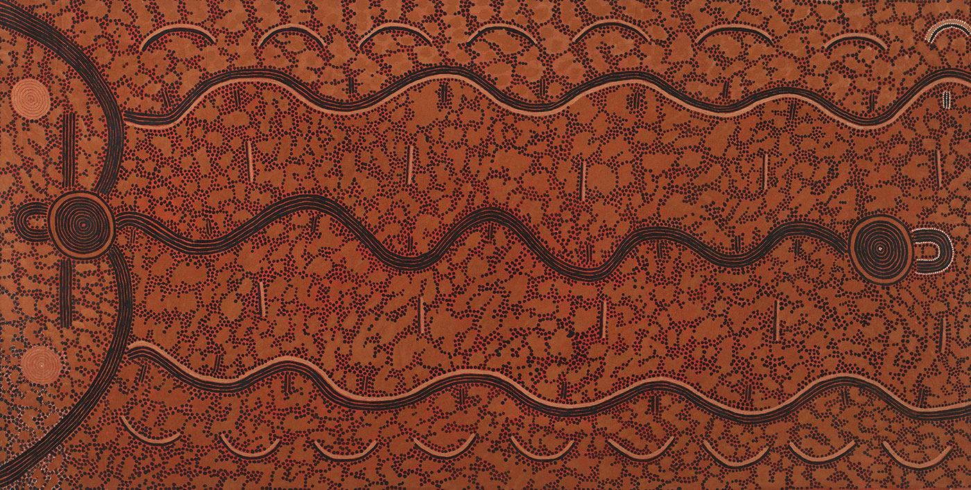 The Storm Water Dreaming 1975 by Kaapa Tjampitjinpa. - click to view larger image