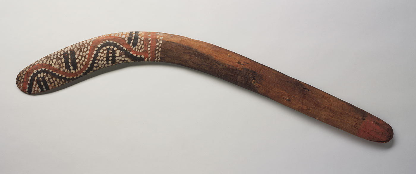 Water Dreaming boomerang 1975 made by Mick Wallankarri Tjakamarra. - click to view larger image
