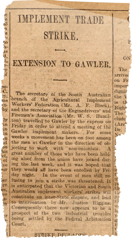 Newspaper clipping titled 'Implement Trade Strike Extension to Gawler'.