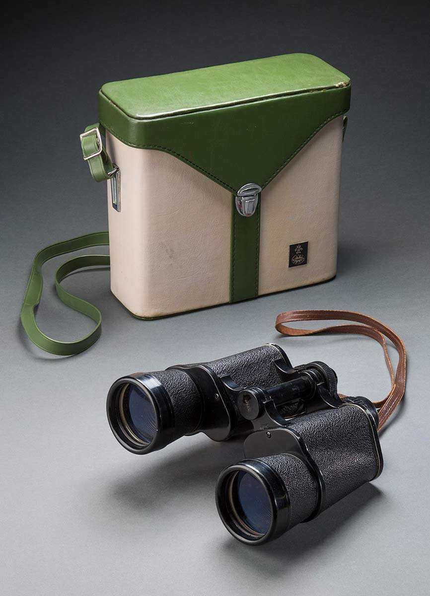 A set of 'YASHICA' brand binoculars, with a black plastic body, and an attached brown leather strap. A 'tasco' brand green and white binoculars case with silver clasp and an attached green shoulder strap. - click to view larger image