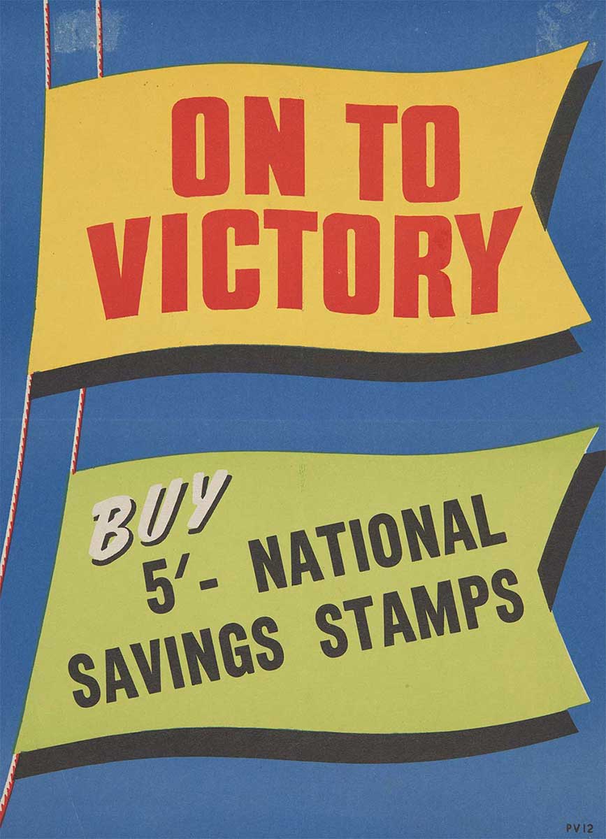 Poster advertising saving stamps, blue background with yellow and green flags. - click to view larger image