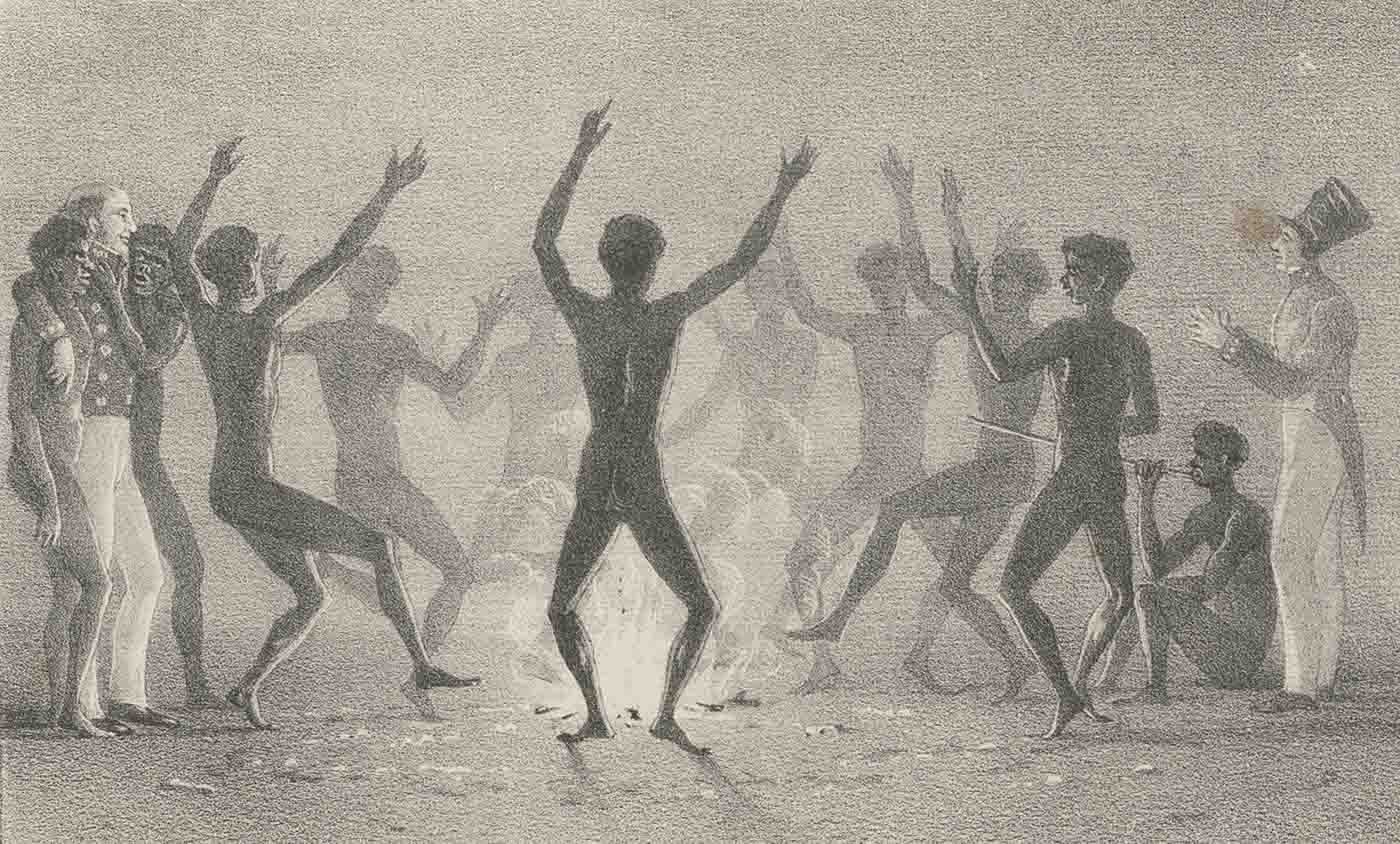 A black and white sketch of people dancing around a small fire.
