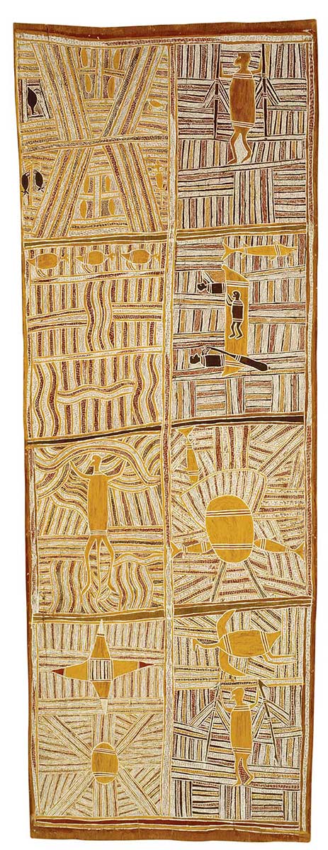 An Australian Indigenous painting on bark. The painting has eight sections. It is in portrait format ie the vertical sides are longer than the horizontal sides. The painting depicts humans and animals, set on a background of traditional line patterns. - click to view larger image