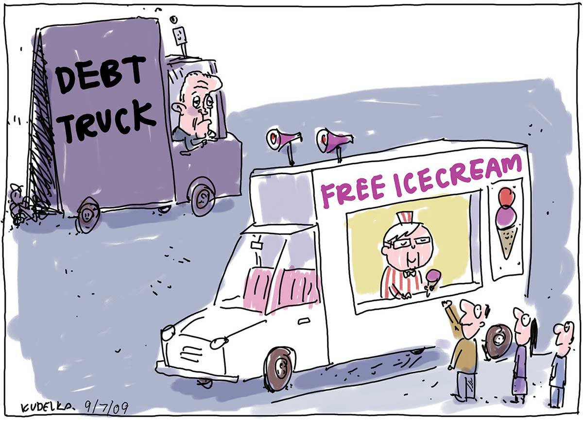 A colour cartoon depicting three children lined up beside a van where Kevin Rudd, dressed in a candy-striped uniform, is serving 'Free Icecream'. A dejected looking Malcolm Turnbull drives past in a grey 'Debt Truck'. - click to view larger image