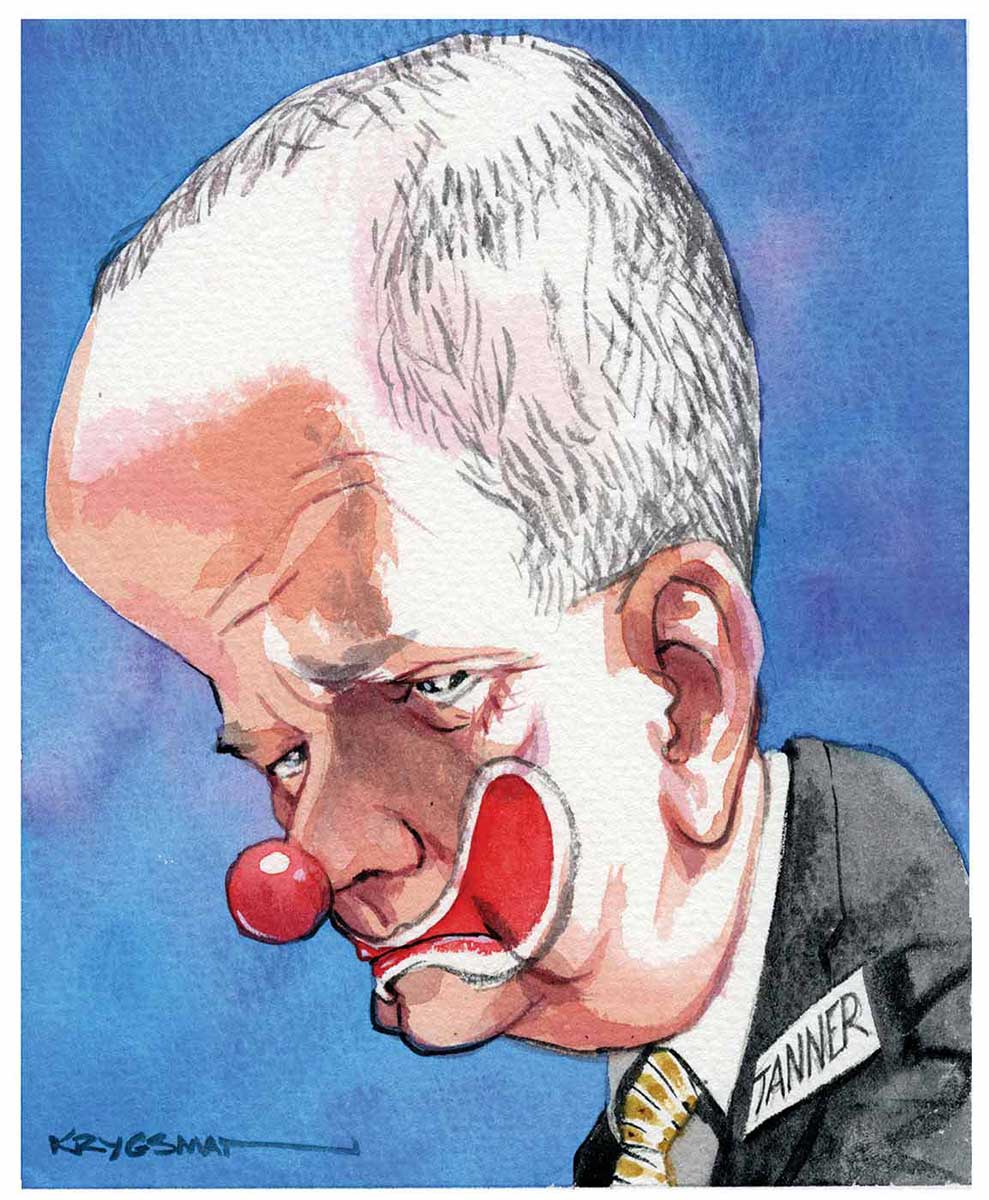 A colour caricature of Lindsay Tanner. He is depicted facing to the left of the image. He wears a suit, light coloured shirt and gold striped tie. His head is very large in relation to his body. He has a clown's mouth painted over his own and a clown's red nose stuck on the end of his nose. His expression is one of weariness; his head is tilted down toward the left of the image to reinforce his expression. A white card with the word 'Tanner' on it can be seen on the left lapel of his jacket. The background of the image is blue. - click to view larger image