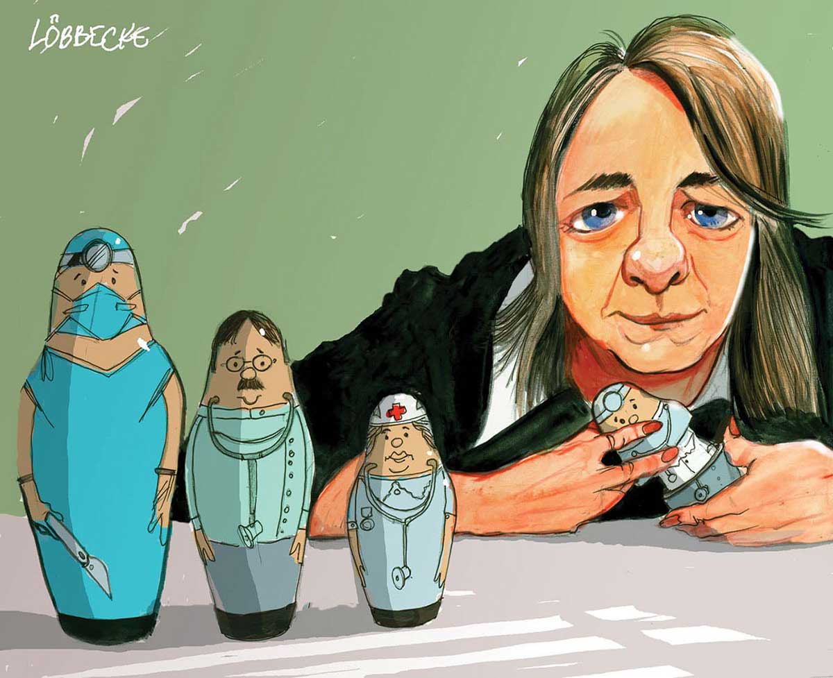 A colour cartoon depicting Nicola Roxon sitting at a table with a set of Babushka nesting dolls. Three of the dolls are to the left of the cartoon. They represent, from left to right, a surgeon, a doctor and a nurse. Ms Roxon holds another doll in front of her; she is opening it to reveal another doll inside. - click to view larger image