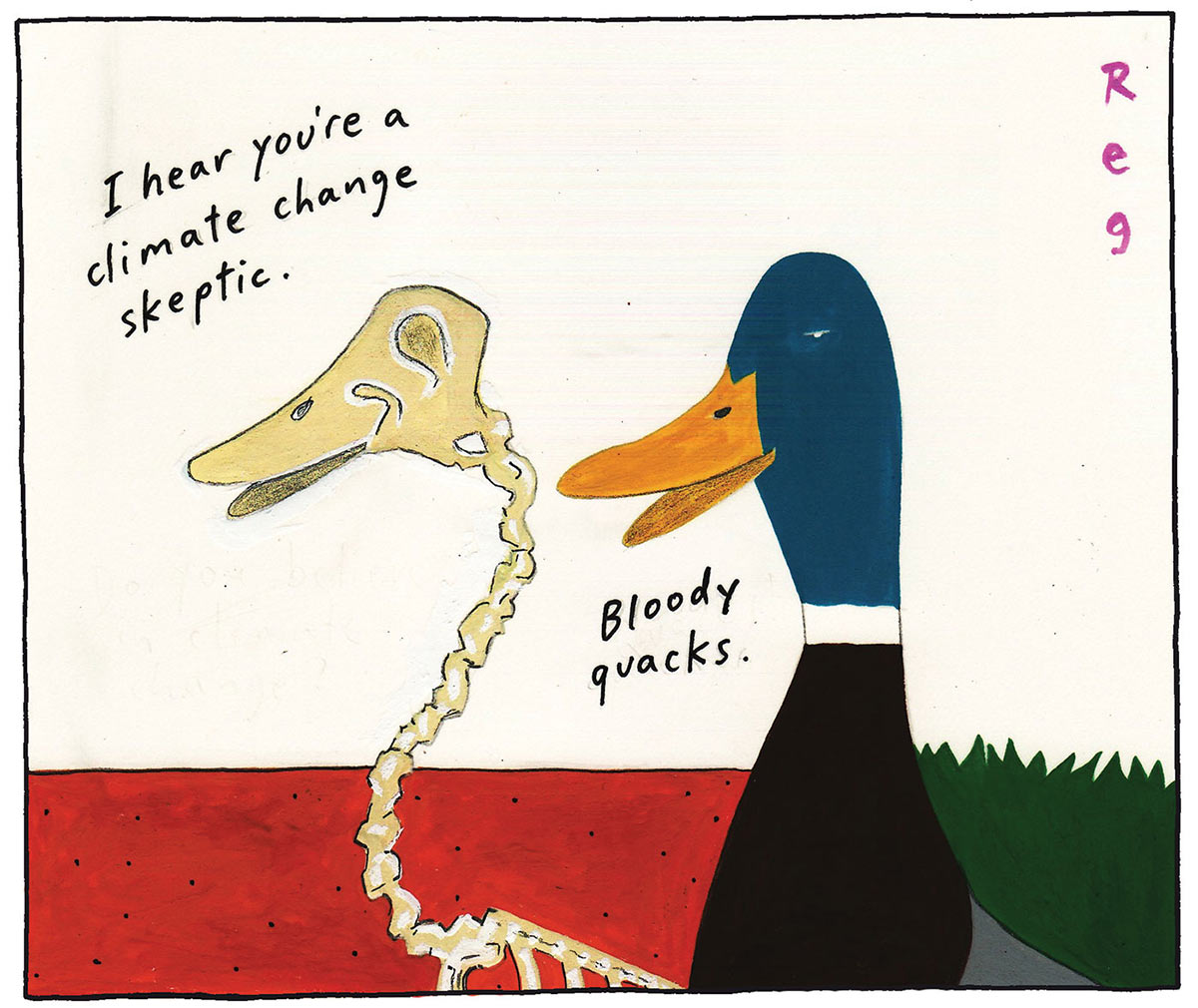 A colour cartoon depicting the skeleton of a duck saying, 'I hear you're a climate change skeptic' to another live duck, with yellow beak, blue head, a white collar and black body. The second duck says, 'Bloody quacks'. Behind the skeleton is barren red ground; behind the live duck is lush green grass. - click to view larger image