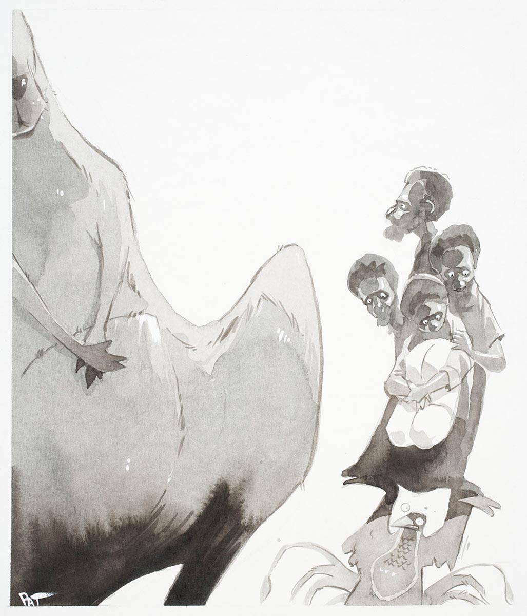 Cartoon of a Papuan family of four held up by a bird of paradise, with a giant Kangaroo coming towards them. - click to view larger image