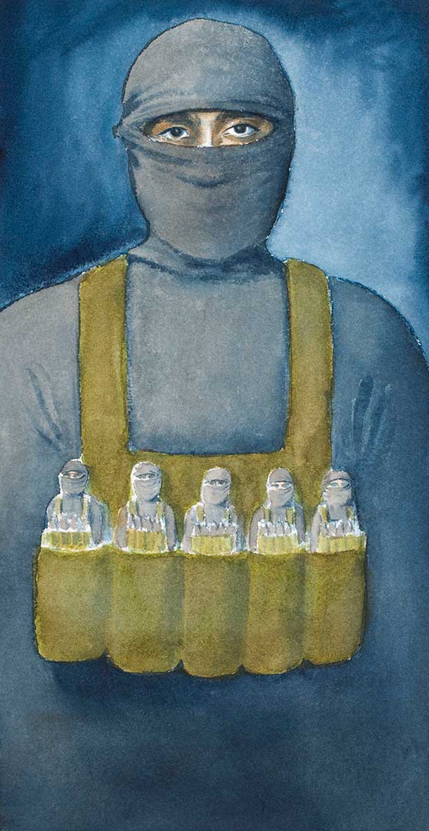 Carton of a masked bomber with five masked bombers strapped around himself like explosives. - click to view larger image