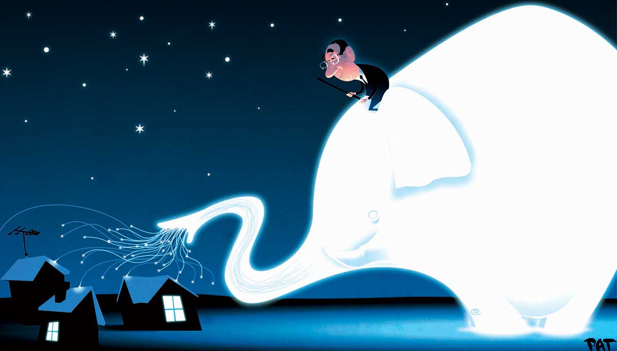 A colour cartoon depicting a man in a suit on top of a large, glowing white elephant. The elephant leans down toward some houses; what appears to be multi-strand fibre-optic cable emerges from its trunk and attaches to the houses. In the background is the starry night sky. - click to view larger image