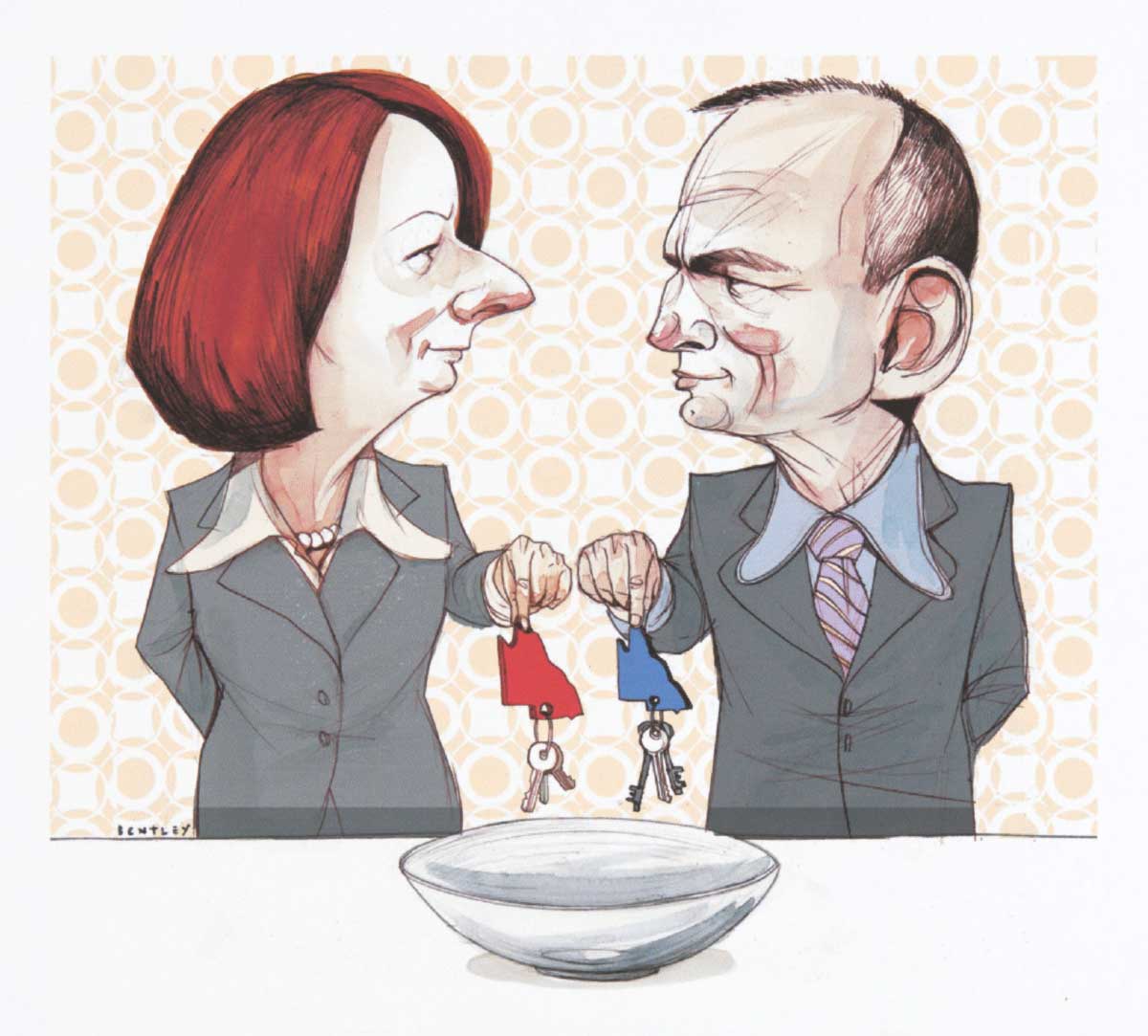 A colour cartoon depicting Julia Gillard and Tony Abbott standing at a table. On the table is a bowl. Both hold a set of keys above the bowl; both sets have a key tag in the shape of Queensland. Gillard's tag is red, while Abbott's tag is blue. They look at each other as they hold the keys over the bowl. In the background is a wall with patterned wallpaper on it. The pattern is reminiscent of the 1970s. - click to view larger image
