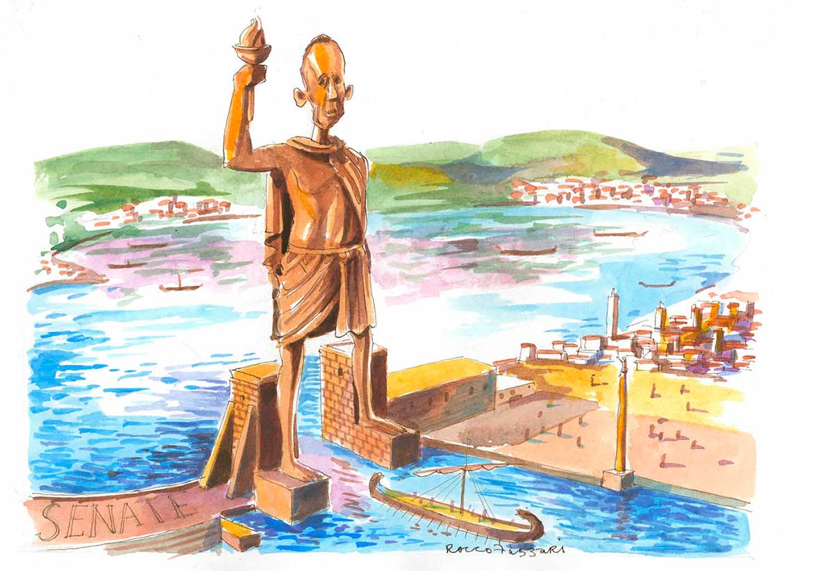Political cartoon depicting Bob Brown as the Colossus of Rhodes. An enormous statue of him stands astride the entrance to a harbour. The statue is wearing a loose toga and holds a flaming lantern in its right hand. Beneath the statue, an ancient Greek ship is near the harbour entrance. Around the edge of the harbour are buildings and smaller towers. At the left of the statue, on part of the harbour wall, is written the word 'SENATE'. - click to view larger image