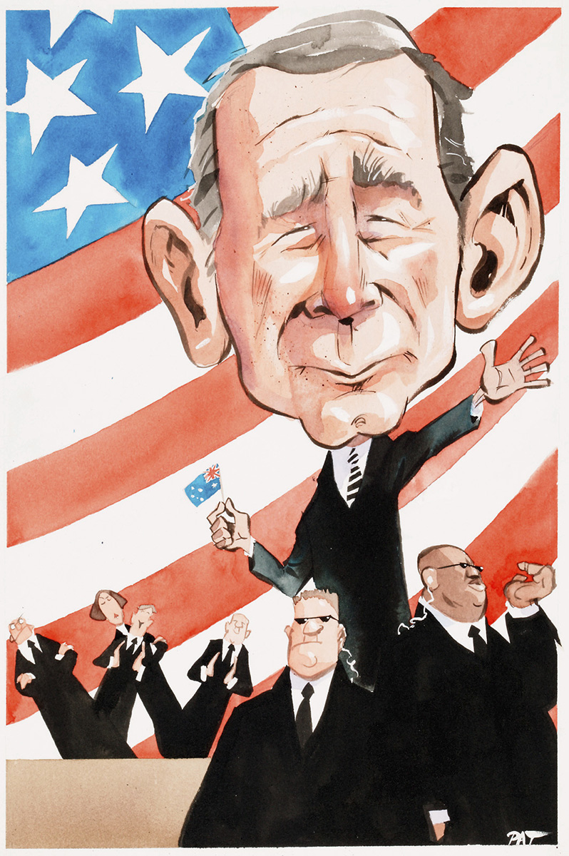 Cartoon of George Bush surrounded by bodyguards and a crowd. The background is an USA flag. - click to view larger image