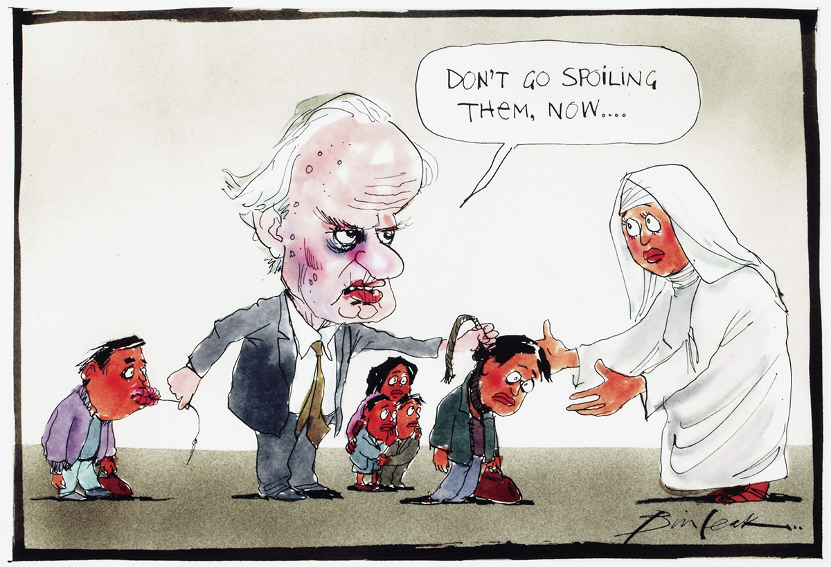 A man leads a group of people to a nun, pulling on by stitched up lips, and another by a noose. He says to the nun 'Don't go spoiling them, now...'. - click to view larger image