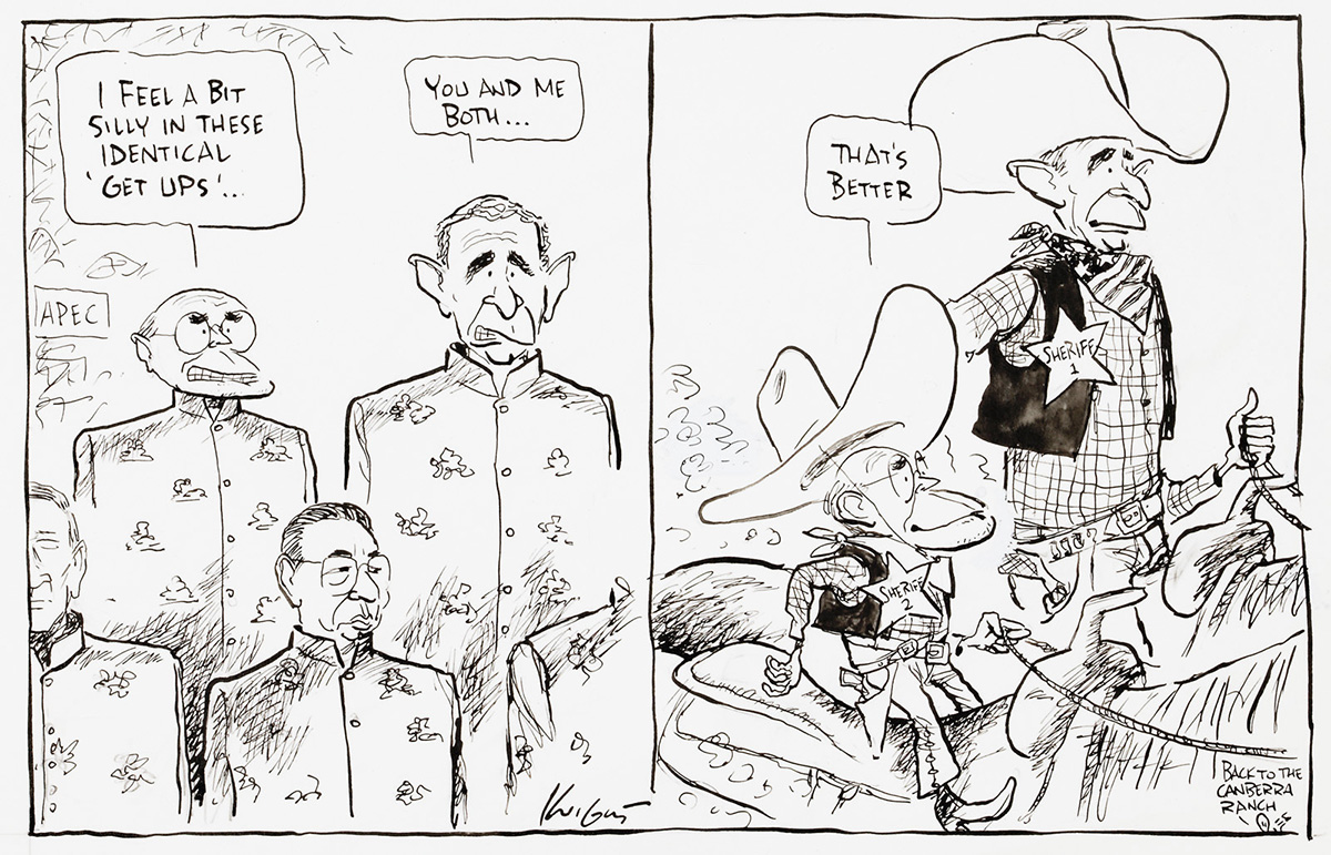 A cartoon featuring John Howard and George Bush. In the first panel, they are wearing identical traditional silk suits. Howard says 'I feel a bit silly in these identical