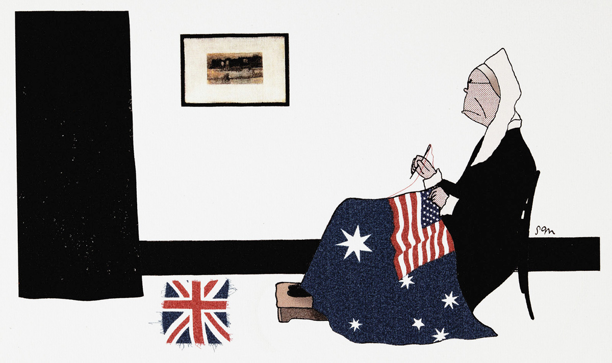A cartoon of a woman resembling John Howard, in a white headpiece and black dress. She sits sewing an Australian flag with the Union Jack replaced with the American flag. The removed Union Jack sits on the floor nearby. - click to view larger image