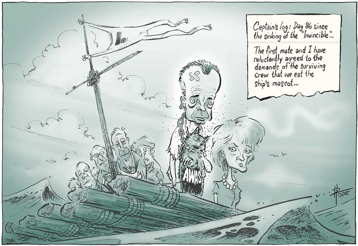 Liberal Party members at sea aboard a log raft. Brendan Nelson stands in the foreground looking bedraggled, with two bandaids on his forehead. A dead cat with 'AWAs' on the front hangs from a chain around his neck. Julie Bishop stands beside Nelson. A diary page in the top right corner reads 'Captain's log: Day 86 since the sinking of the "Invincible"... The first mate and I have reluctantly agreed to the demands of the surviving crew that we eat the ship's mascot...' - click to view larger image