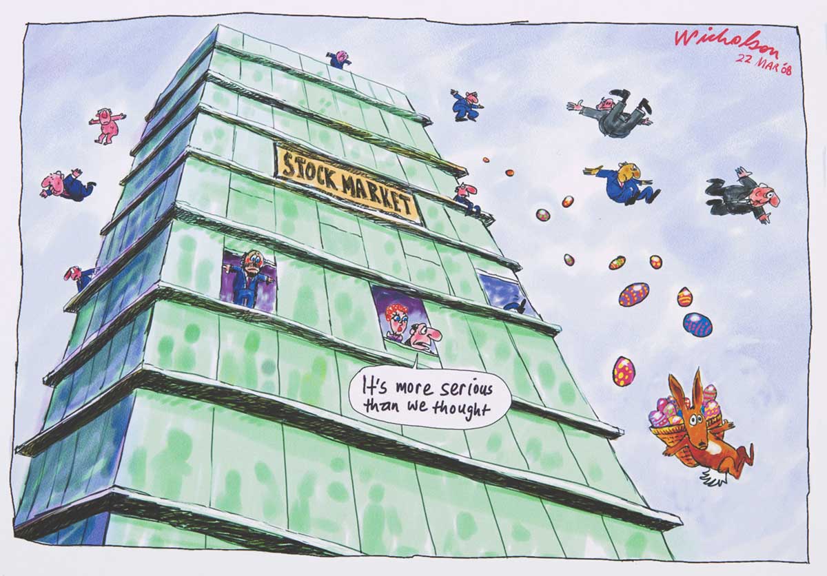 An office building towers into the sky. A sign on an upper floor says 'Stock Market'. Six men are jumping from the building. All wear suits except for one who is naked. One man sits on a ledge, one stands in an open window and another stands on the roof looking down. In the lower right corner the Easter Bunny is seen falling with a basket of Easter eggs. Other Easter eggs follow the bunny down. A man and a woman watch from a window. The man is saying 'It's more serious than we thought'. - click to view larger image