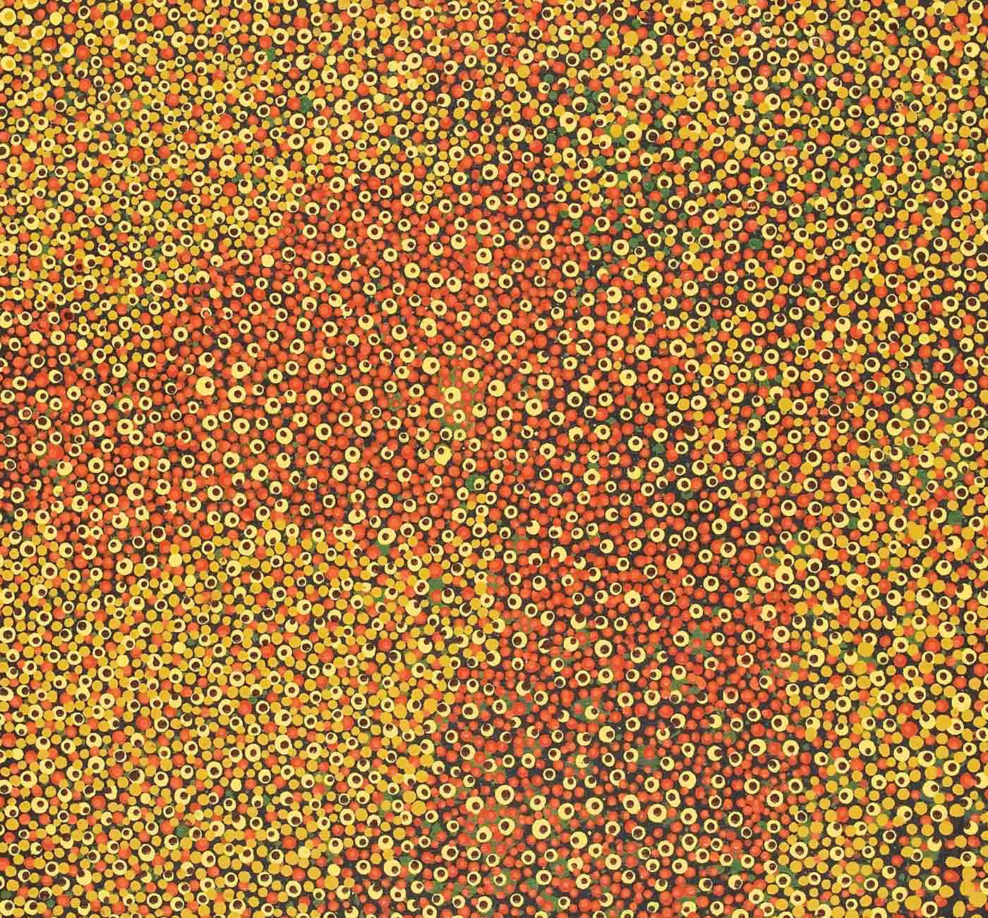 A brown linen square canvas covered with multilayered small dots in gold, lemon, red, orange, brown and green on a black background. - click to view larger image