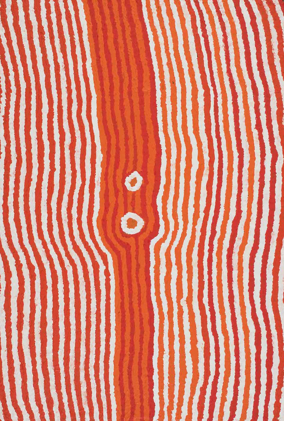 A painting on brown linen with orange, red and white vertical stripes with a darker central section. In the centre there are two white and orange circles. - click to view larger image