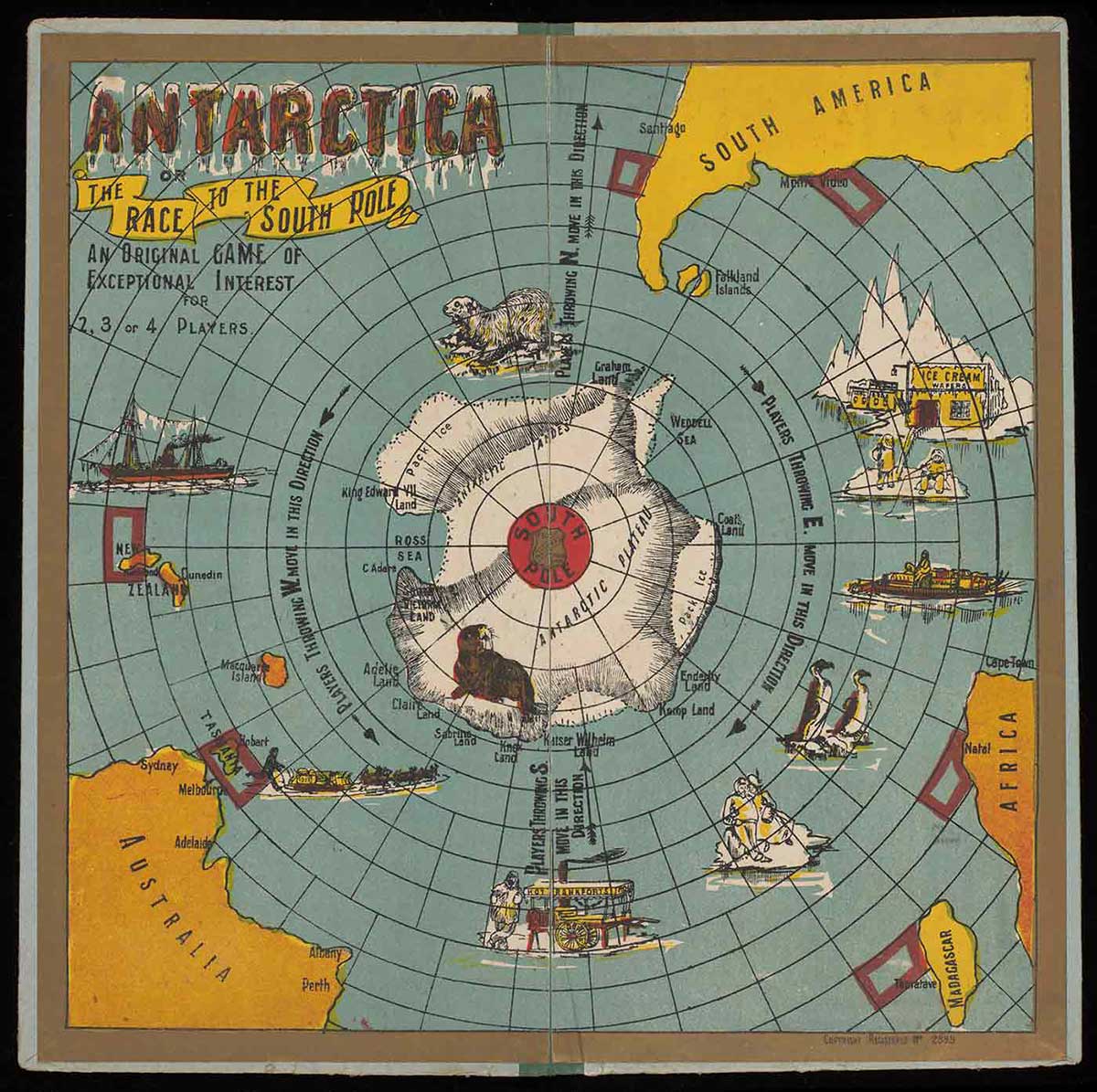 'Antarctica' board game showing a white landmass at centre, with game squares radiating out to Australia, Africa and South America. - click to view larger image