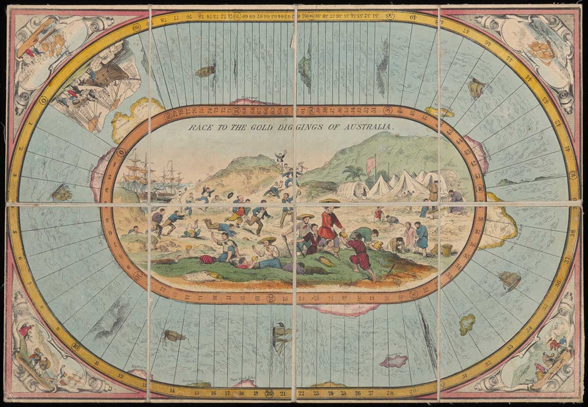 A hand-coloured lithographic playing board made of eight paper sections mounted on linen, with a polygonal twelve-sided teetotum or spinning dice and three small painted metal playing pieces in the shape of tall ships. - click to view larger image