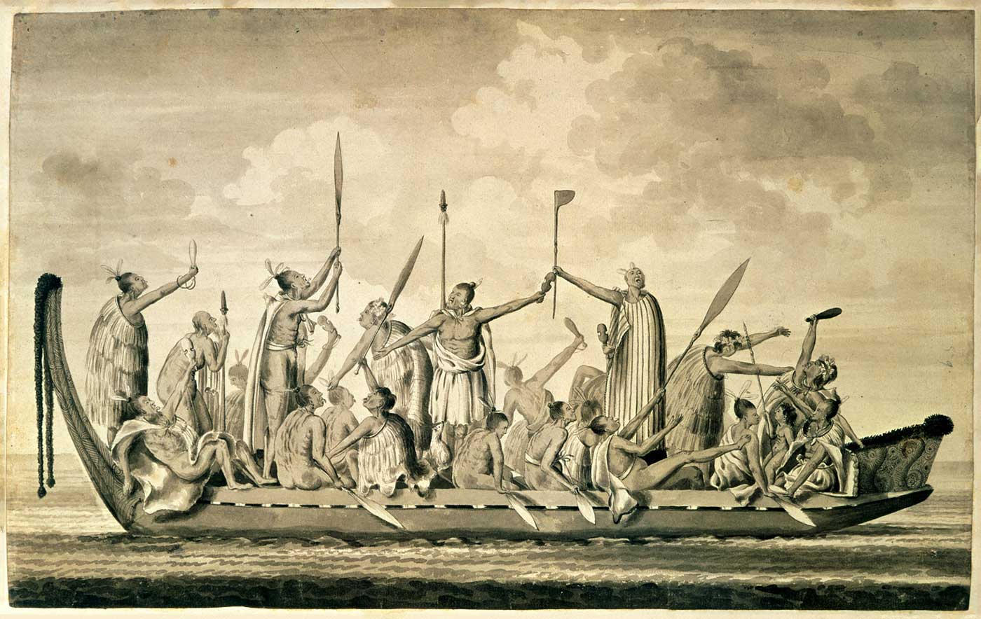 Print showing various warriors reclining and standing in a low-lying canoe with ornate carvings at either end. The men hold various weapons.  - click to view larger image