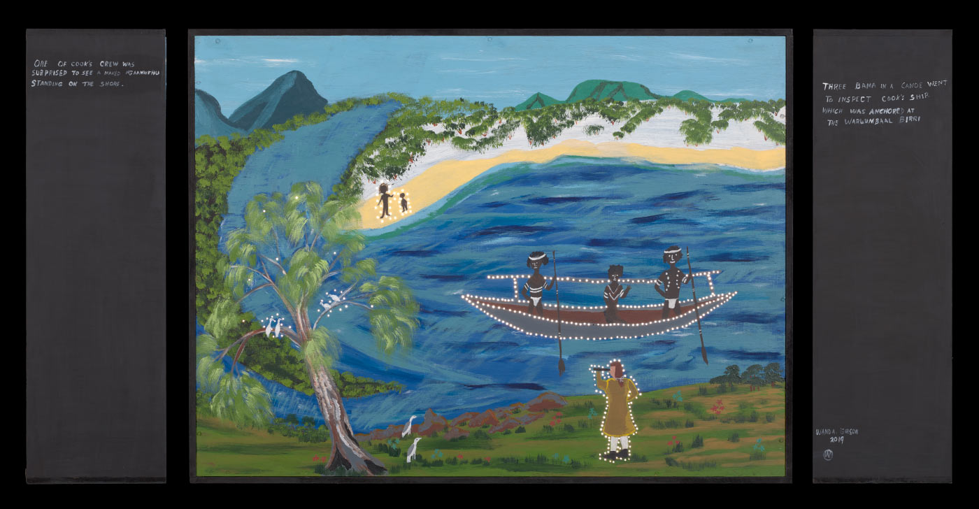A plywood and medium density fibreboard [MDF] lightbox featuring an acrylic painting of three Aboriginal men in a canoe with a colonial man standing on shore with a telescope. There is a tree at bottom the bottom left side of the front of the box. The one the left side of the box reads ' ONE OF COOK