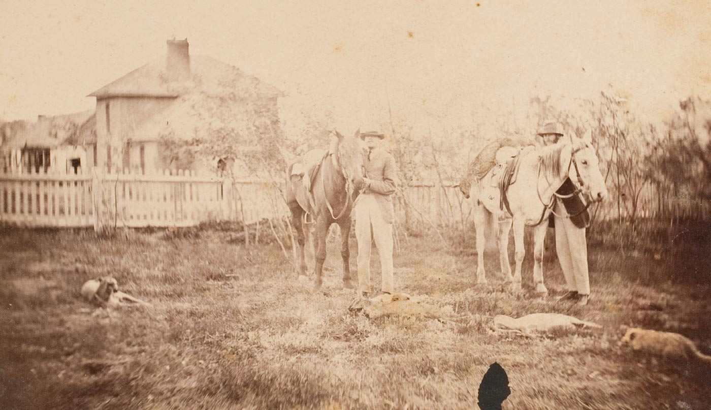 Black and white photograph which depicts Robert Lionel Faithfull and Henry Montague Faithfull beside their horses with the house buildings of Springfield in the background behind a white picket fence. There are two dogs resting on the ground with two dead kangaroos lying near them and another kangaroo on the back of one of the horses. - click to view larger image