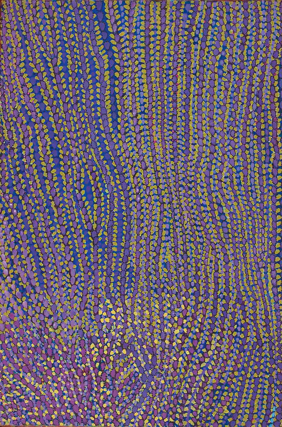 A purple toned dot painting on brown linen with wavy vertical lines of purple-lavender dots interspersed with rows of olive green dots on a blue background. The lines of darker purple dots have smaller black dots outlining each of purple dots. Towards the bottom of the painting there is a scattering of pale yellow dots, and towards the top of the painting there are a few dark pink dots. - click to view larger image