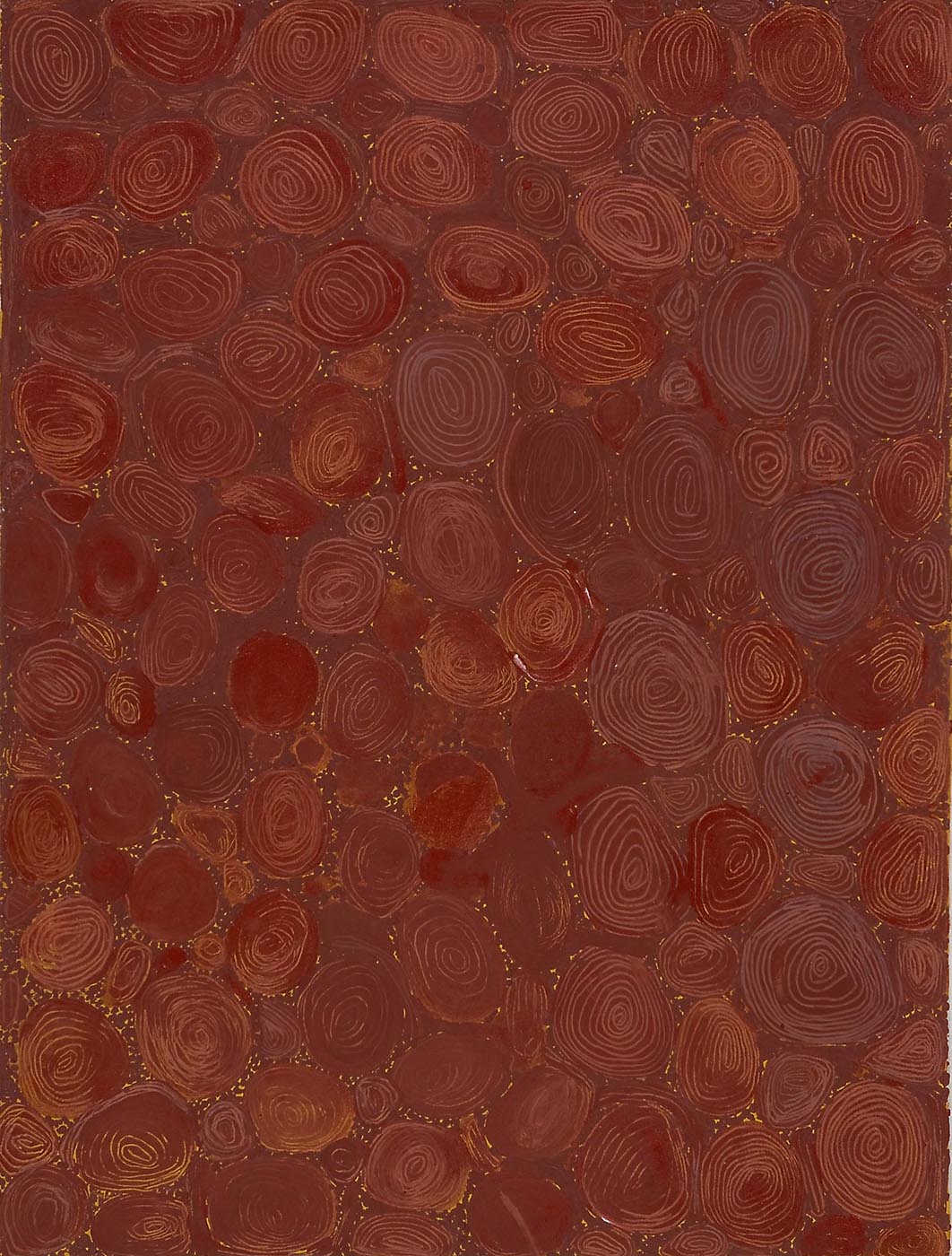 A textured chocolate brown toned painting on canvas with a design of concentric ovals which have been scribed with a blunt instrument into the layer of paint. In the small spaces between the ovals are raised dots in brown.