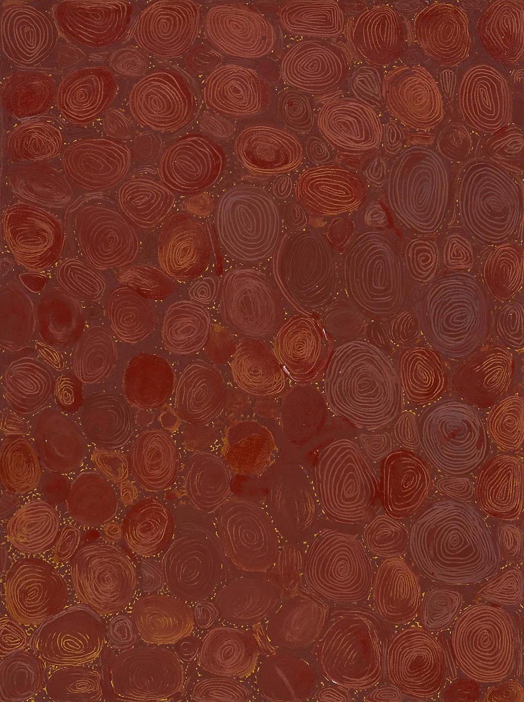 A textured chocolate brown toned painting on canvas with a design of concentric ovals which have been scribed with a blunt instrument into the layer of paint. In the small spaces between the ovals are raised dots in brown. - click to view larger image