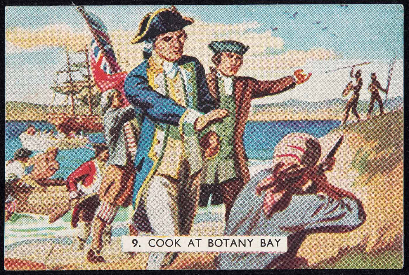 A swap card titled '9. Cook at Botany Bay'. It is from a series of swapcards produced by The Sanitarium Health Food Company titled 'The Story of the Pacific'. The colour picture shows a group of men on the shore in the foreground, one pointing a rifle at two Indigenous men with spears in the background. Captain Cook is shown with his hand raised as if to halt the actions of the man with the rifle. - click to view larger image