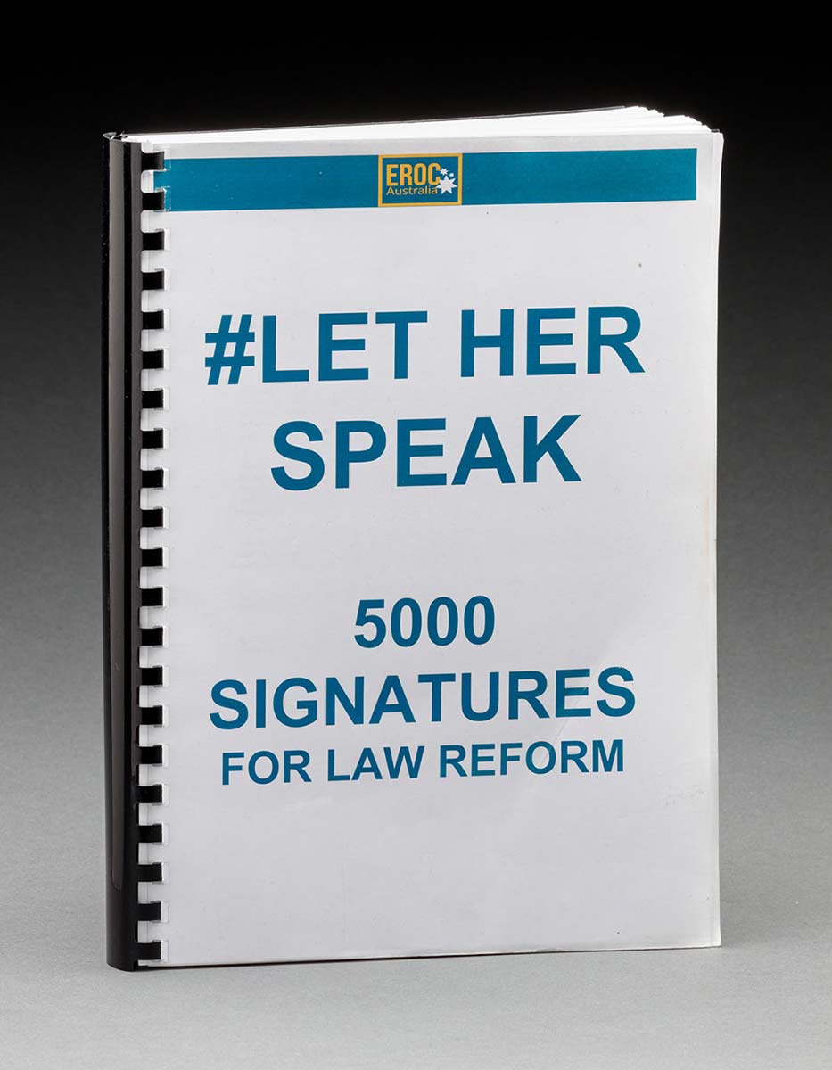 An A4-sized booklet with plastic binding features a front cover with the text: ‘#LET HER SPEAK / 5000 SIGNATURES / FOR LAW REFORM’.
