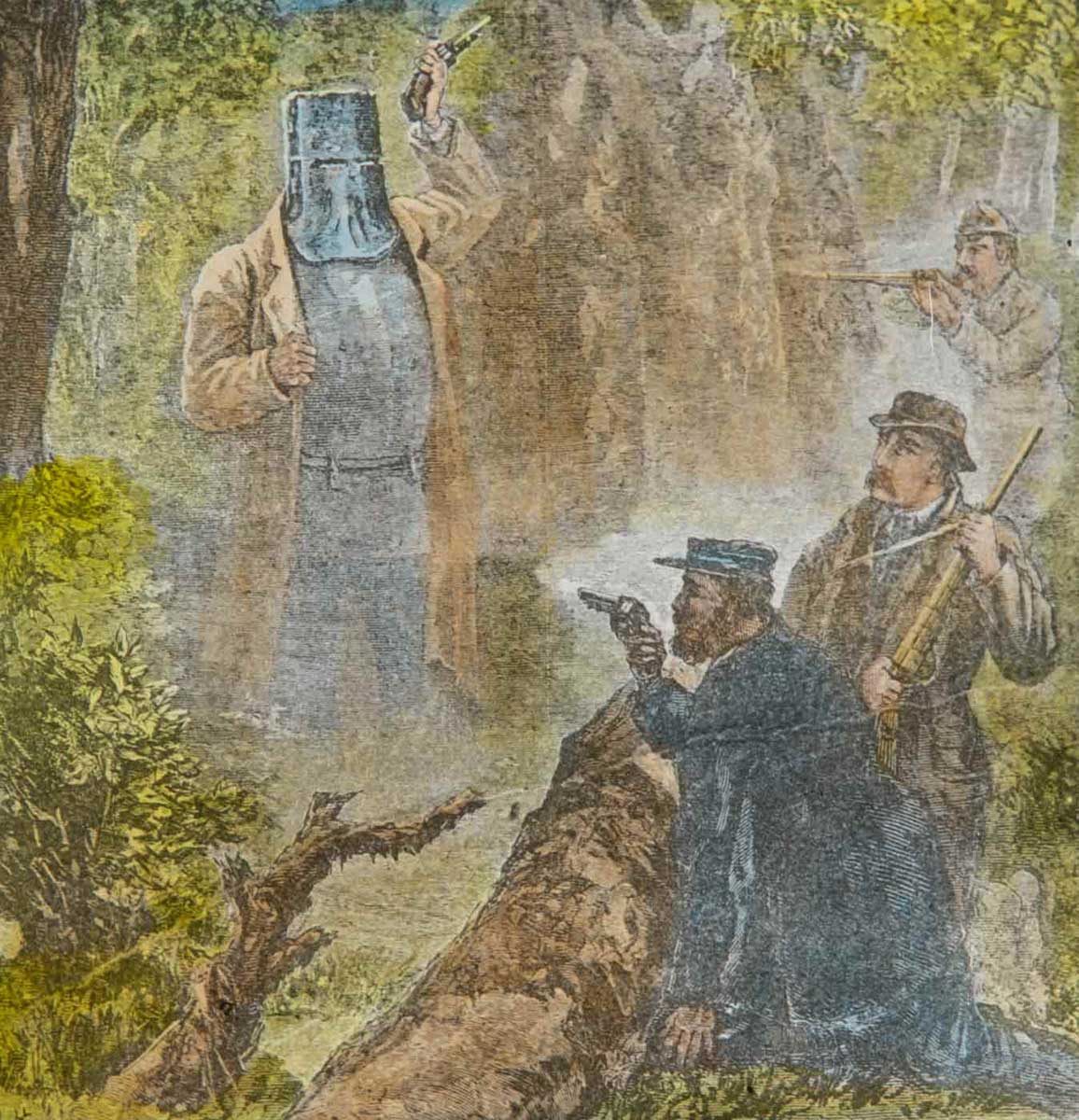 Glass slide depicting Ned Kelly in armour with revolver raised above his head in bush environment. Two men with rifles and one with revolver crouched pointing guns at Kelly. - click to view larger image