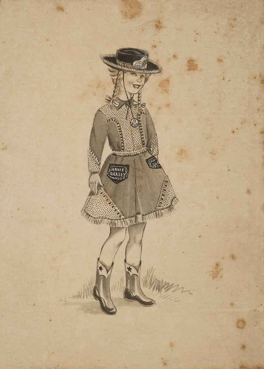 A black and white sketch depicting a girl wearing an Annie Oakley costume including boots, a dress and a hat with pigtails. - click to view larger image