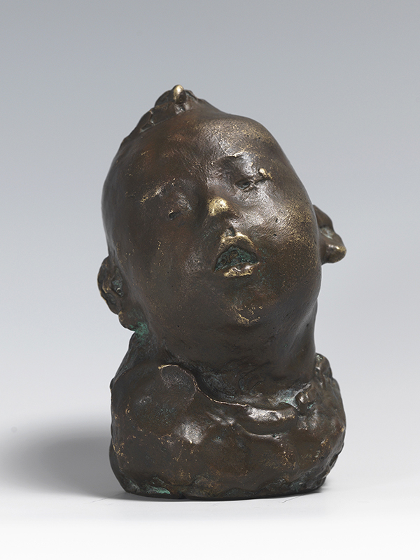 Bronze sculpture of the head a young child with closed eyes open mouth. - click to view larger image