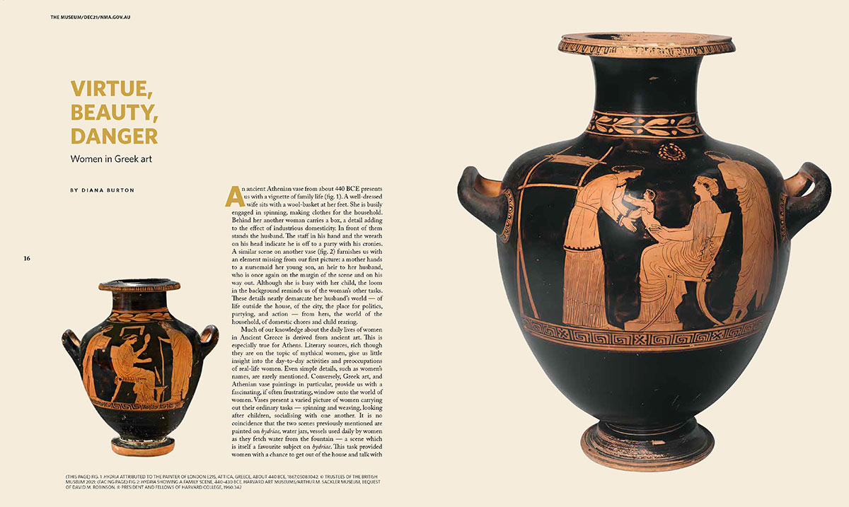 Magazine spread featuring images of vessels, body text and a title 'VIRTUE, BEAUTY, DANGER / Women in Greek art'. - click to view larger image