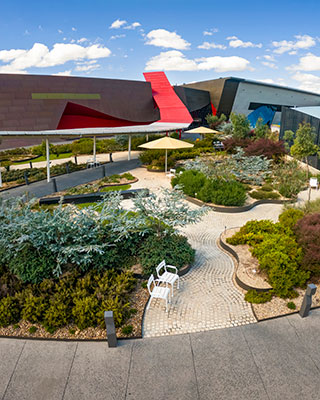 Cropped image of a view of a contemporary building and gardens with Australian native plants.