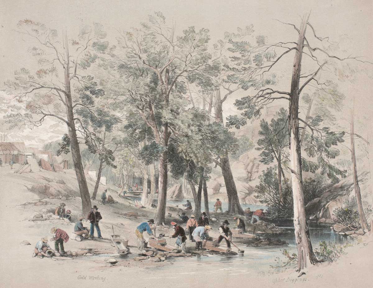 Colour illustration of several men using gold mining cradles to wash for gold by a narrow river. They are surrounded by trees and in the background a small settlement is visible.
