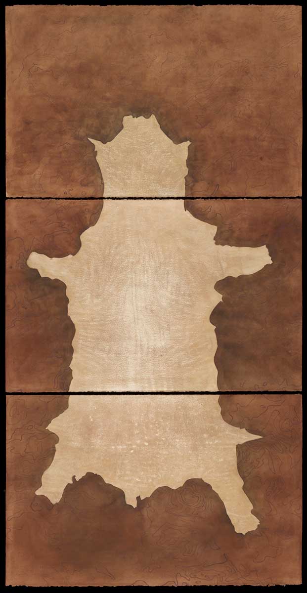 A paper based triptych artwork. It consists of two large panels and a third section which is divided into three further panels. One of the large panels depicts a thylacine skin. - click to view larger image