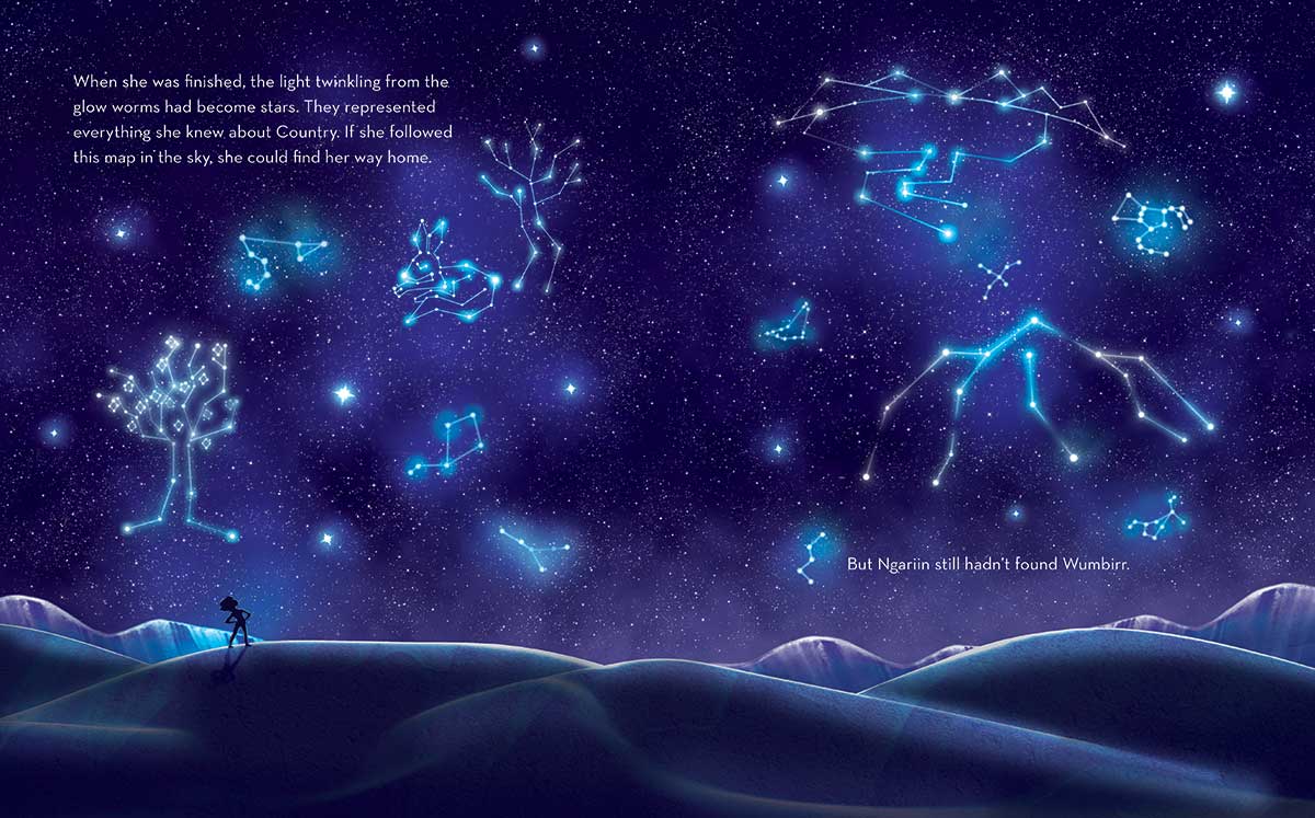 Sample page of a children's book called 'The Bunyip and the Stars' showing a night sky filled with constellations. - click to view larger image